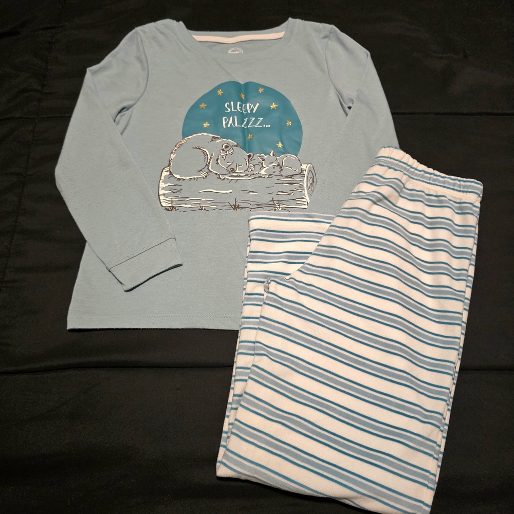 Girls Pajamas Set 2 Piece Bear Stripes Long Sleeve Pants Blue Size Medium 7/8